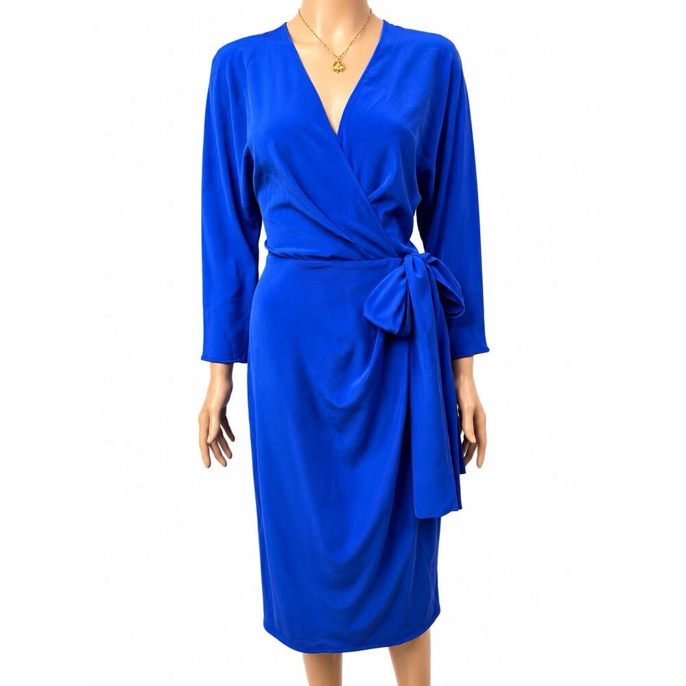 Max Mara Studio Blue Silk Wrap Dress Made In Italy Size 8 Long Sleeve Midi